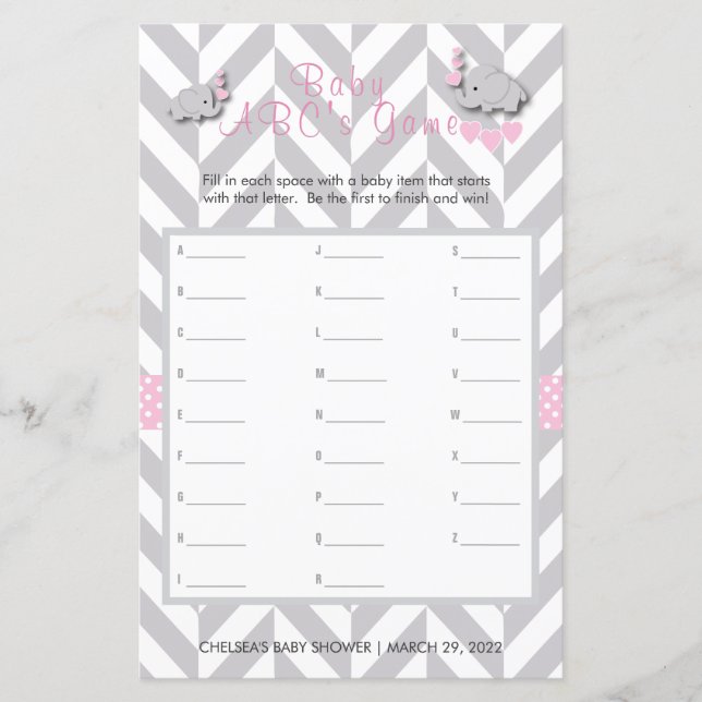 Pink & Gray Elephant Baby Shower - ABC's Game (Front)