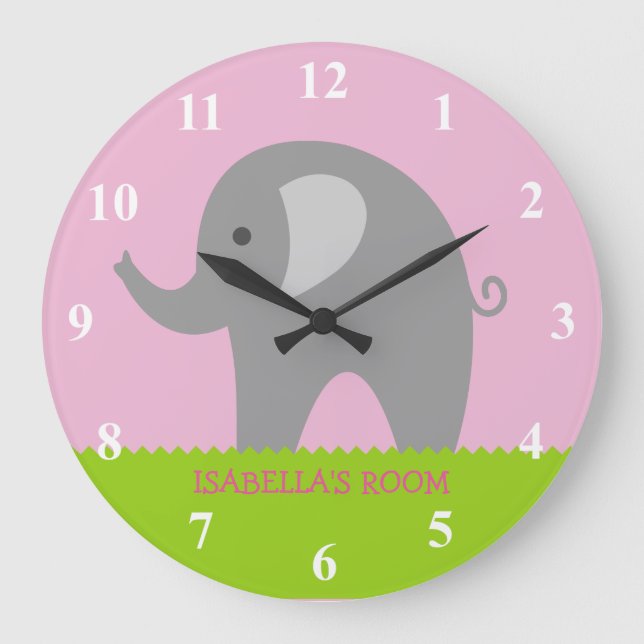 Pink gray elephant nursery big wall clock for girl (Front)
