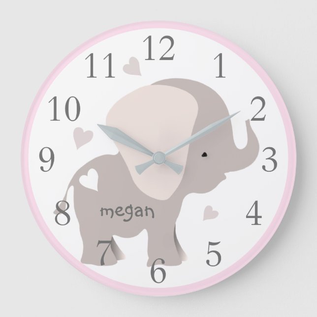 Pink Gray Elephant Nursery Wall Clock (Front)