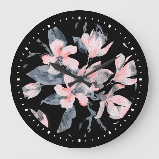 Pink & Gray Floral Watercolor Pattern Large Clock (Front)