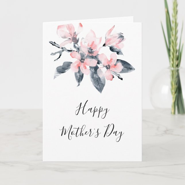 Pink & Gray Flowers Classy Watercolor Mother's Day Card (Front)