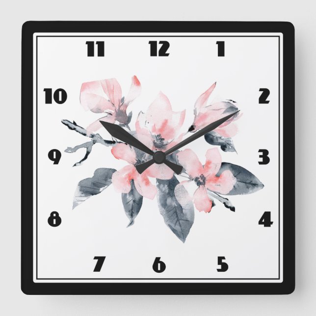 Pink & Gray Flowers Classy Watercolor Square Wall Clock (Front)
