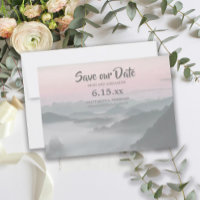 Pink Gray Foggy Mountains Save Our Date Wedding