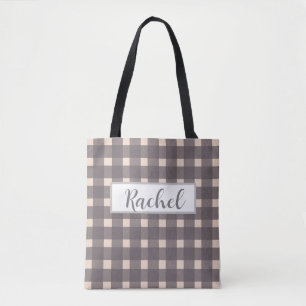 Pink Gray Gingham Personalized Tote Bag