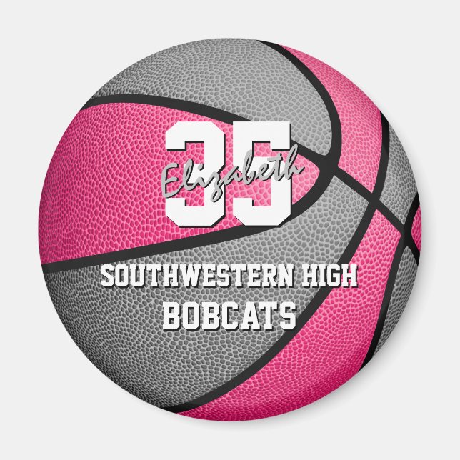 pink gray girl's sports gifts basketball team name magnet (Front)