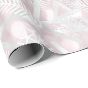 Pink Gray Glitter Christmas Holiday Snowflake Joy Wrapping Paper