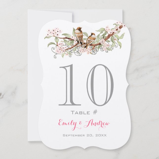 Pink Gray Green Love Bird Wedding Table Number (Front)