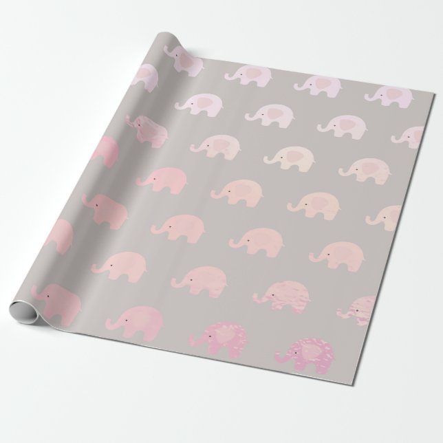 Pink Gray Pastel Princess Elephant New Baby Wrapping Paper (Unrolled)