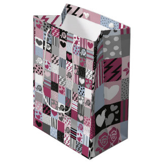 Pink & Gray Patchwork Hearts Medium Gift Bag