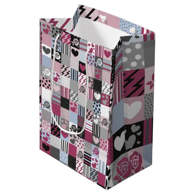 Pink & Gray Patchwork Hearts Medium Gift Bag (Front Angled)