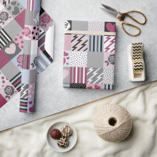 Pink & Gray Patchwork Hearts Wrapping Paper