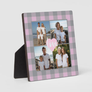 Pink gray plaid elegant Family 4 photo love heart Plaque
