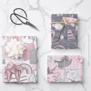 PINK GRAY WHITE BABY GIRL ITEMS & FLOWERS WRAPPING PAPER SHEET