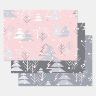 PINK GRAY WHITE HOLIDAY CHRISTMAS TREES WRAPPING PAPER SHEET