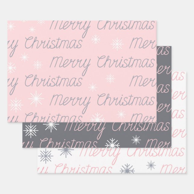 PINK GRAY WHITE HOLIDAY MERRY CHRISTMAS  WRAPPING PAPER SHEET (Set)