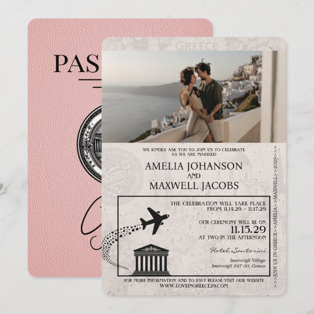Pink Greece Passport Wedding Invitation (Front/Back)
