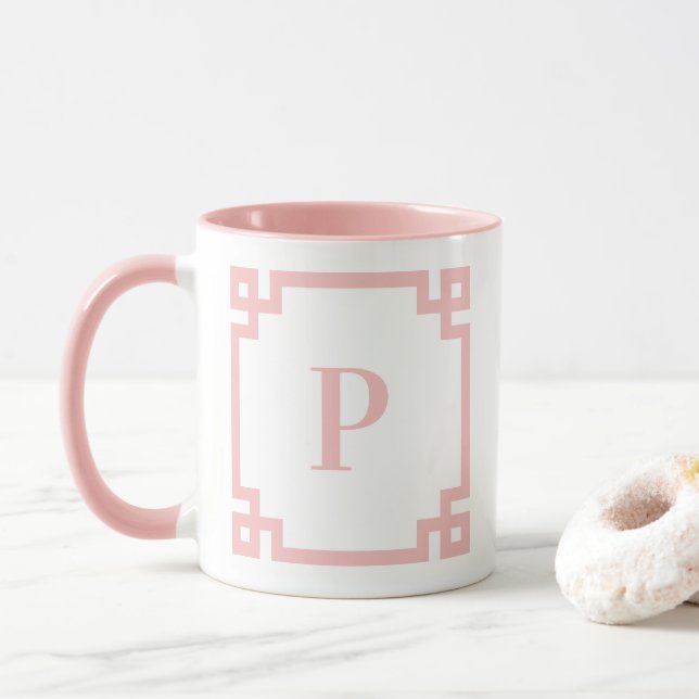 Pink Greek Key Border Monogram Mug (With Donut)