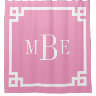 Pink Greek Key Border Monogram Shower Curtain