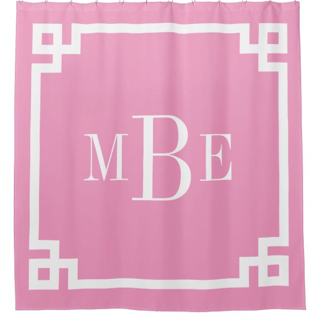 Pink Greek Key Border Monogram Shower Curtain (Front)
