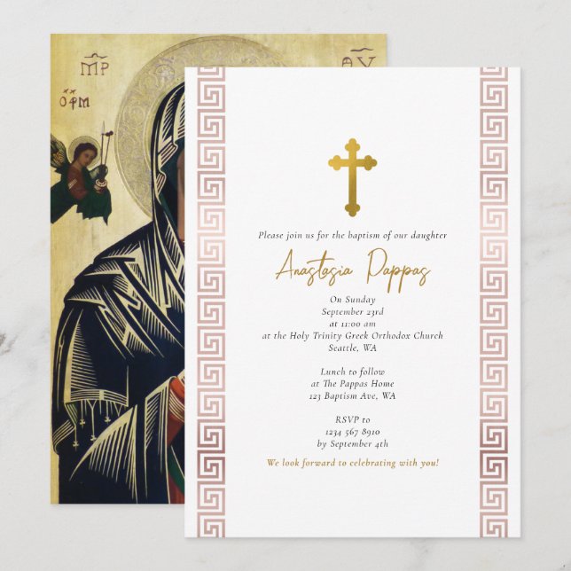 Pink Greek Key Orthodox Christening Girl Baptism  Invitation (Front/Back)