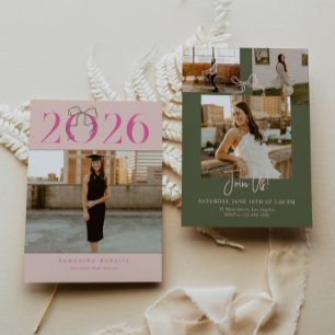 Pink Green 2026 Coquette Bow Photo Graduation Invitation