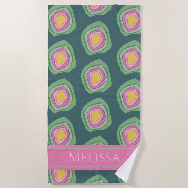 Pink Green Abstract Circles Personalised Beach Towel (Front)