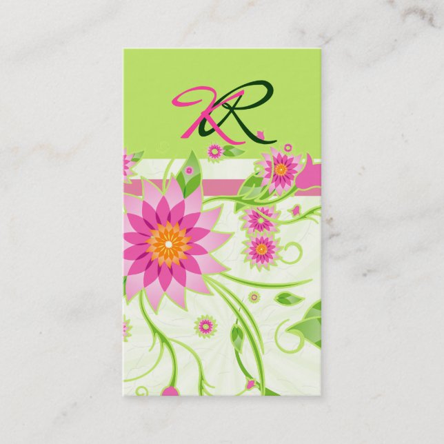 Pink & Green Abstract Floral Design 4 Business Card (Front)
