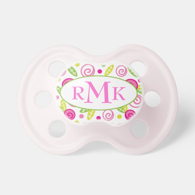 Pink & Green Abstract Flowers Monogram Pacifier (Front)