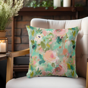 Pink Green Abstract Painting Floral Pattern Cushion