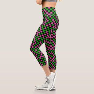 Pink Green And Black Chequered Pattern Capri Leggings
