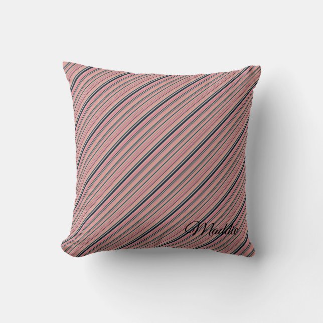 Pink Green and Black Stripes Cushion (Front)