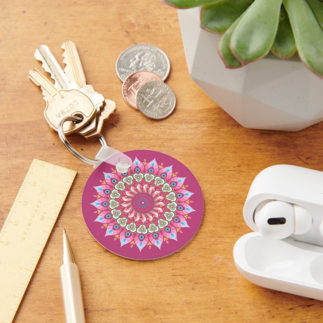 Pink, Green And Blue Flower Mandala Keychain (Desk)