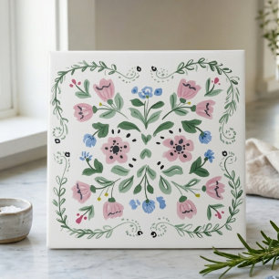 Pink, Green and Blue Folk Art Floral Decorative Tile