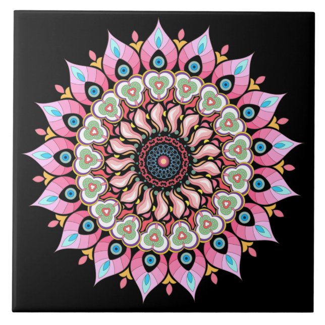 Pink, Green And Blue Mandala Ceramic Tile (Front)