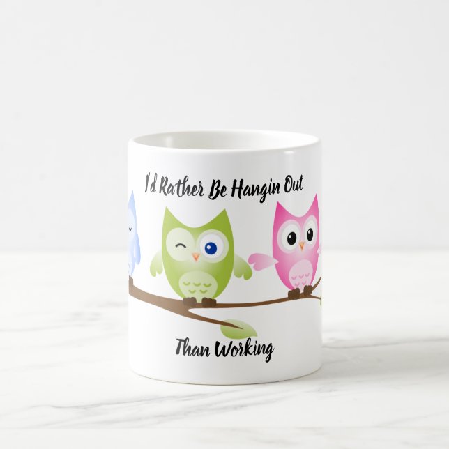 Pink, Green and Blue Owl Hanging Out on a Branch Coffee Mug (Center)