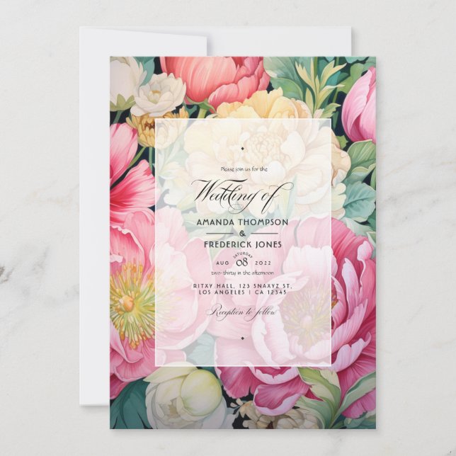 Pink, Green and Gold Floral Spring Wedding Invitation (Front)