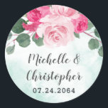 Pink Green and Silver Watercolor Floral Wedding Classic Round Sticker<br><div class="desc">Design features watercolor floral peony and rose elements in shades of pink with eucalyptus greenery.  Design also features watercolor splashes in mint or light green shades.  Text colours are silver/dark grey shades.</div>