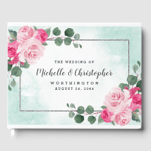 Pink Green and Silver Watercolor Floral Wedding Guest Book