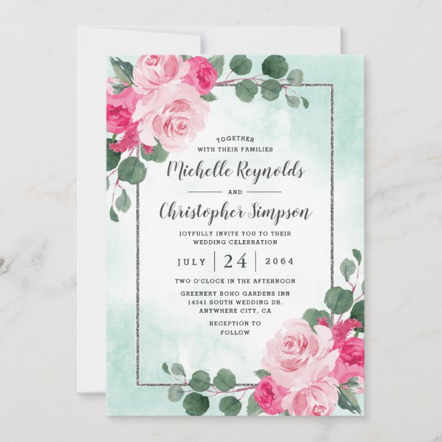 Pink Green and Silver Watercolor Floral Wedding Invitation (Front)