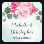 Pink Green and Silver Watercolor Floral Wedding Square Sticker<br><div class="desc">Design features watercolor floral peony and rose elements in shades of pink with eucalyptus greenery. Design also features watercolor splashes in mint or light green shades. Text colours are silver/dark grey shades.</div>