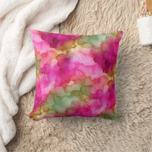 Pink Green and Soft Gold Watercolor Fluid Marble Cushion