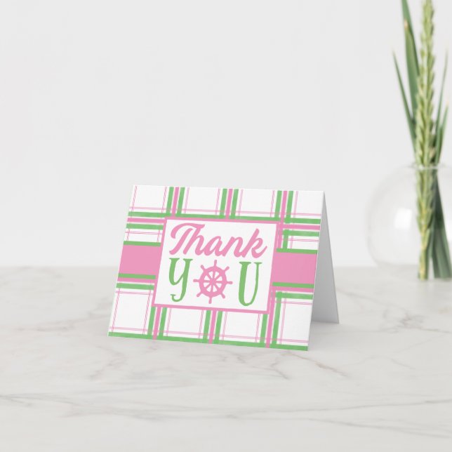 Pink, Green and White Nautical Themed Thank You Card (Front)