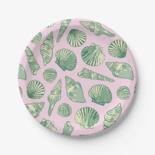 Pink, Green and Yellow Coastal Seashells Paper Plate
