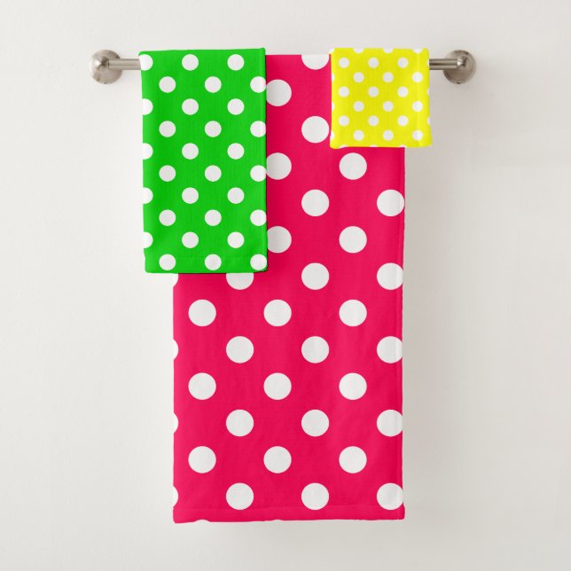 Pink Green and Yellow Polka Dot Bath Towel Set (Insitu)