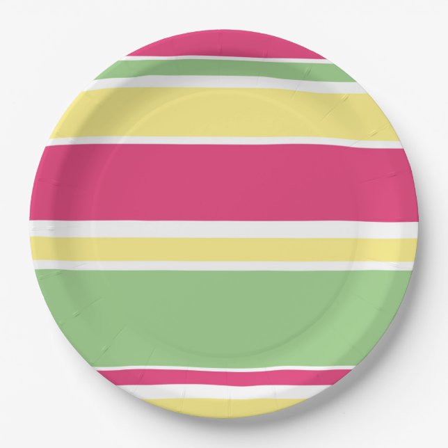 Pink, green and yellow stripes paper plate (Front)