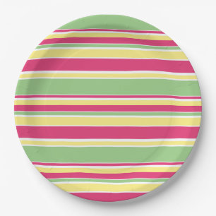 Pink, green and yellow stripes paper plate
