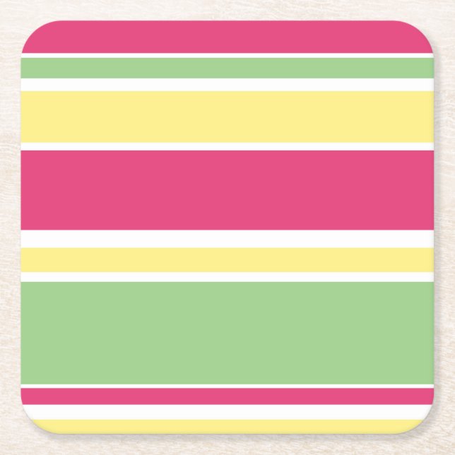 Pink, green and yellow stripes square paper coaster (Front)