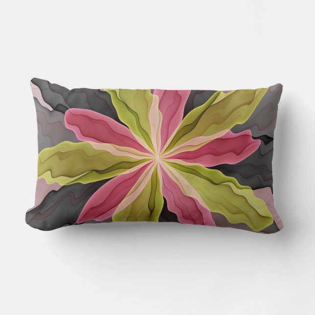 Pink Green Anthracite Fantasy Flower Fractal Art Lumbar Cushion (Front)