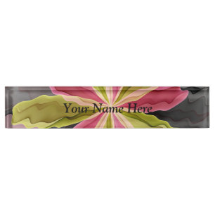 Pink Green Anthracite Fantasy Flower Fractal Art Nameplate