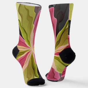 Pink Green Anthracite Fantasy Flower Fractal Art Socks